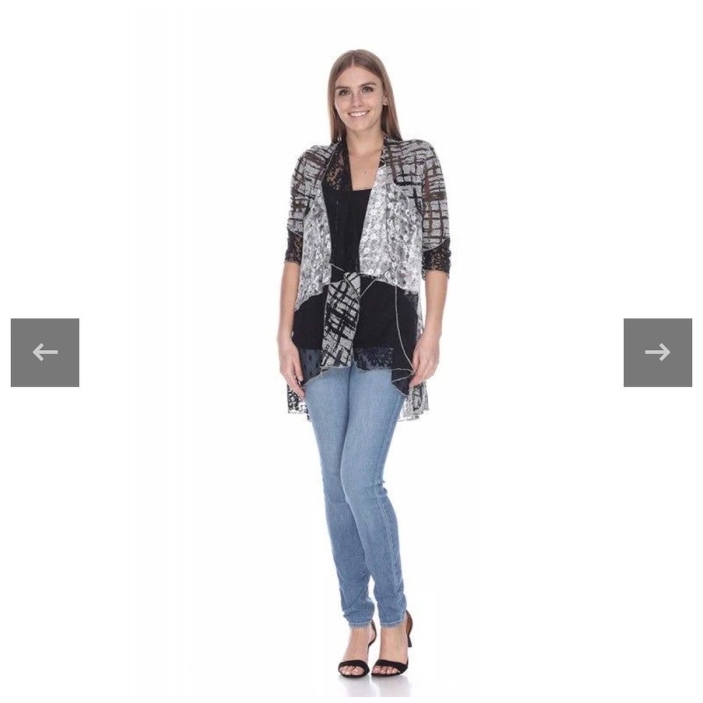 Kamana Chic Black Gray Abstract Print‎ Lace Kimono Cardigan Open Front Y2K